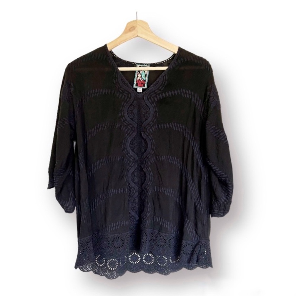 Johnny Was Bohemian Black Embroidered Eyelet Oversized Blouse XS